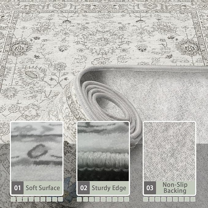 Floral Washable 6x9 Area Rug, Soft Grey White Bedroom Rug - Image 4