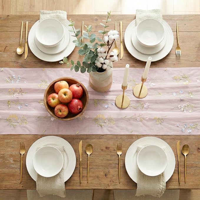Artoid Mode 3PC Wildflower Floral Light Pink Gauze Embroidery Table Runner 120 - Image 5