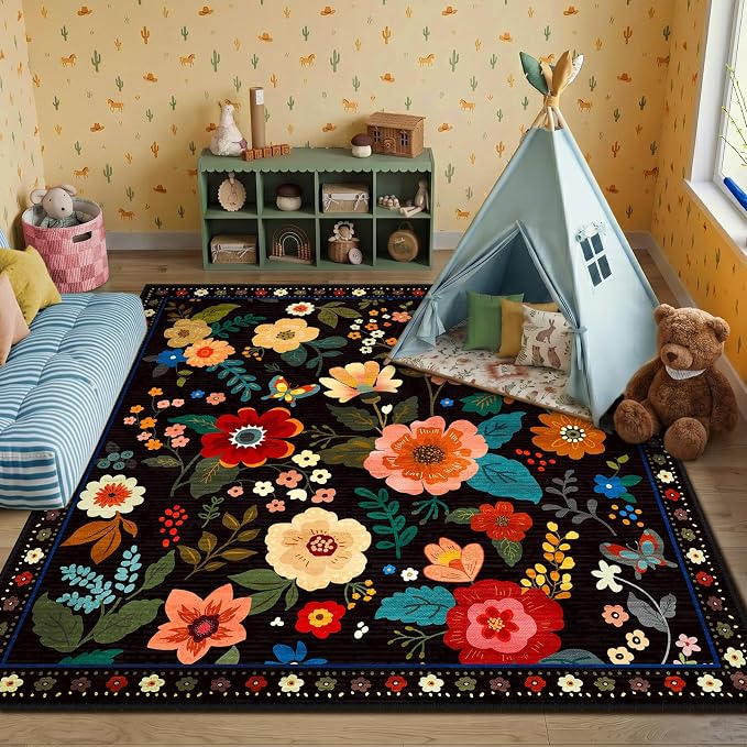 RELEANY Floral Square 8ft Area Rugs Washable Print Boho Cute Carpet Non Slip - Image 9