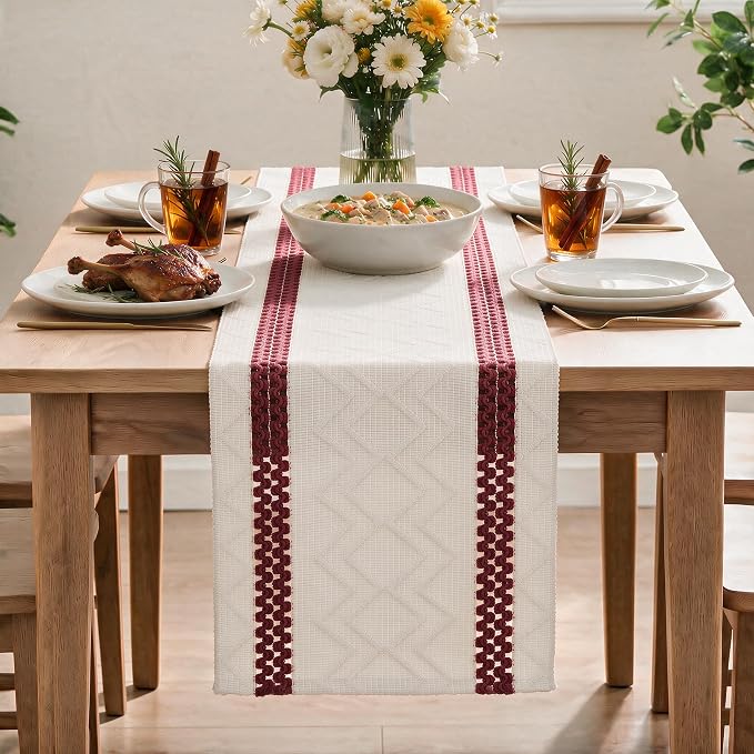Artoid Mode Red Stripe Woven Rustic Table Runner 12x120 Inch | Holiday Kitchen - Image 2