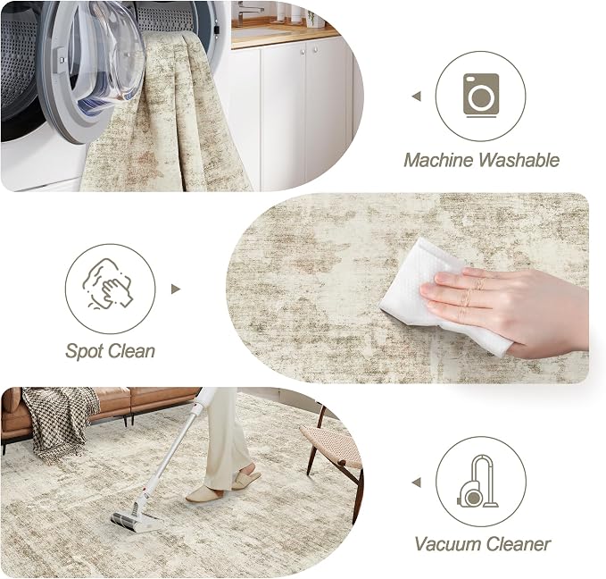 Soalmost Abstract Rug 5x7 Machine Washable Area Indoor Beige Gray White Low - Image 6