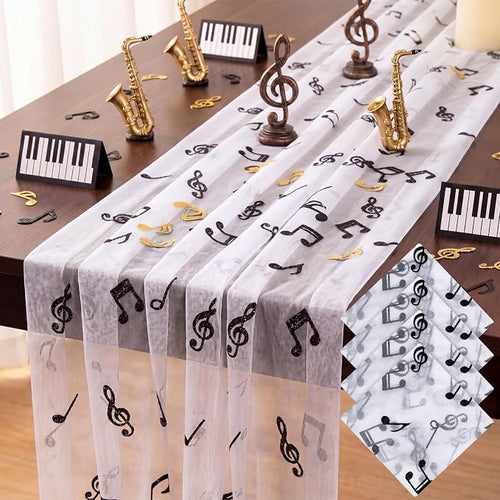 4 Pcs Music Notes Table Runner 29 x 70 Inch Glitter Black Musical Note Tulle by Windkream