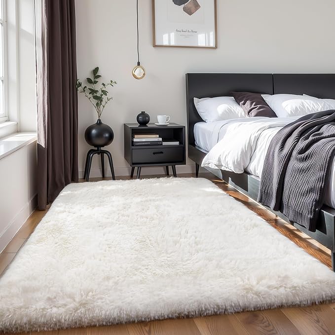 KICHOWUA Thick Area Rug 5x8 Cream White Fluffy Shag - Image 9