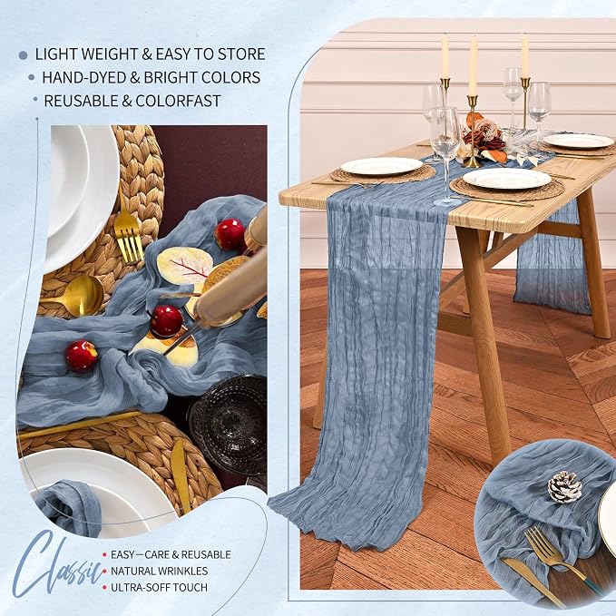 Showgeous 2 Pack Dusty Blue Cheesecloth Table Runners Boho Wedding Decor | - Image 5