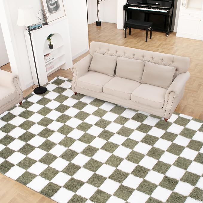 Super Soft Rug for Bedroom, 5x8 Ft Green and White Area Rug Classic Checkered - Image 2