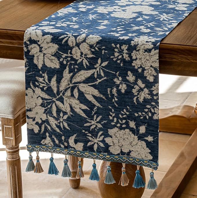 Botanical Jacquard Floral Dining Table Runner Blue 13 x 94 Inch | Jacquard - Image 2