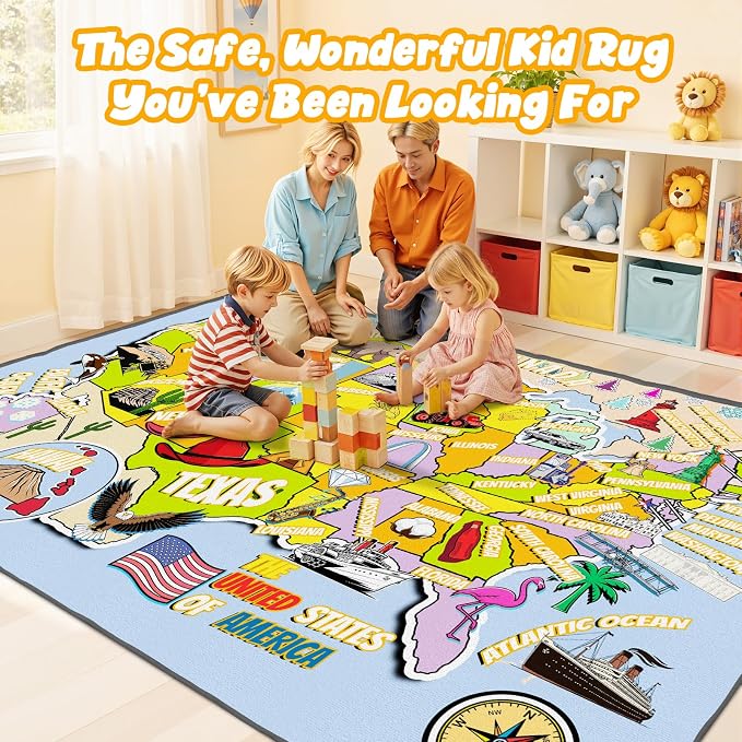 Educational USA Map Area Rug 4x6, Playroom Bedroom Classroom Rug - Image 7