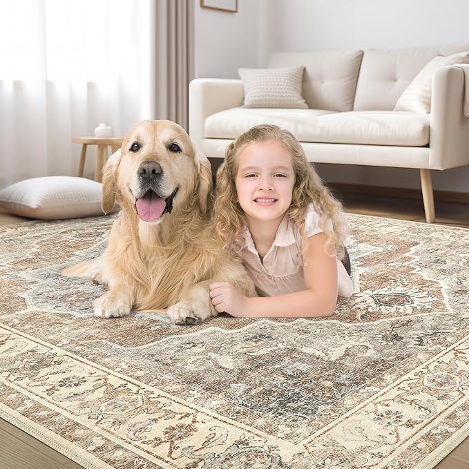8x10 Washable Area Rug: Vintage Neutral Soft Non Slip Thin Large Floor Carpet - Image 7