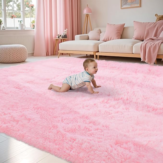 Fluffy Pink Area Rug for Bedroom Living Room Soft 8x10 Fuzzy Washable Rugs - Image 3