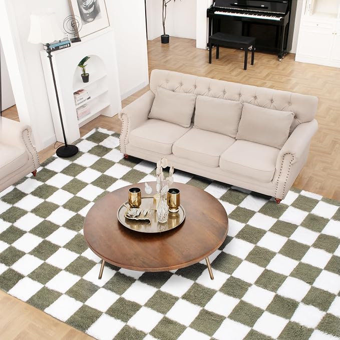 Super Soft Rug for Bedroom, 5x7 Ft Green and White Area Rug Classic Checkered - Image 2