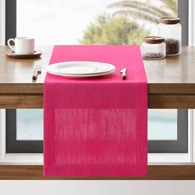 Linen Textured Border Table Runner, 14 x 36 Inch Hot Pink | Mitered Corner by ZEEMARTONLINE