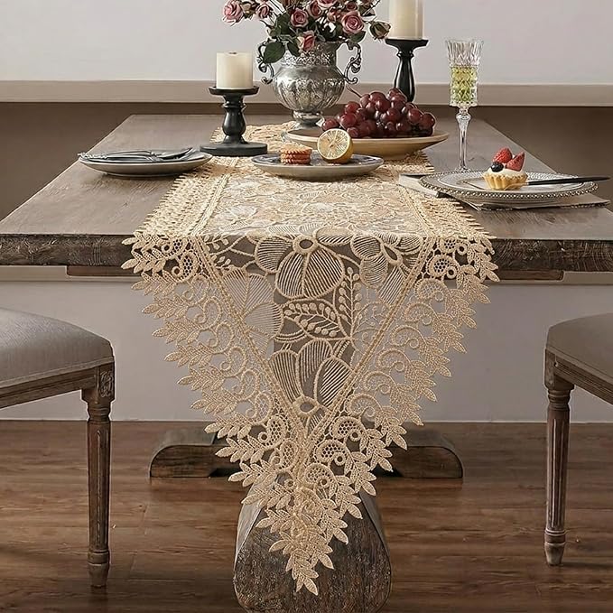 SIOLOC Champagne Lace Table Runner 14 x 72 Inch, Premium Embroidered Floral - Image 2