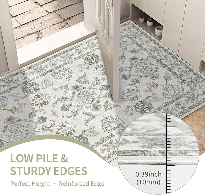 5x7 Washable Area Rugs Beige and Sage Green Vintage Boho Floral Farmhouse Rug - Image 5