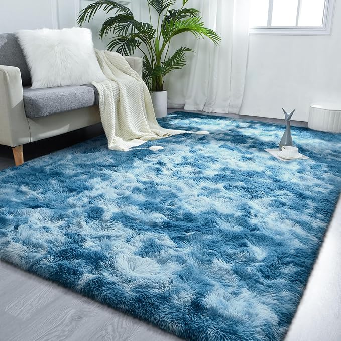 FlyDOIT Large Area Rugs for Living Room, 5x8 Feet Tie-Dyed Dark Blue Shaggy Rug by FlyDOIT