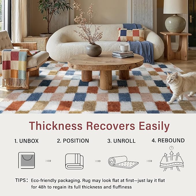 PureCozy Checkered Rug 6x6 for Living Room, Modern Rainbow Shag Super Soft - Image 6