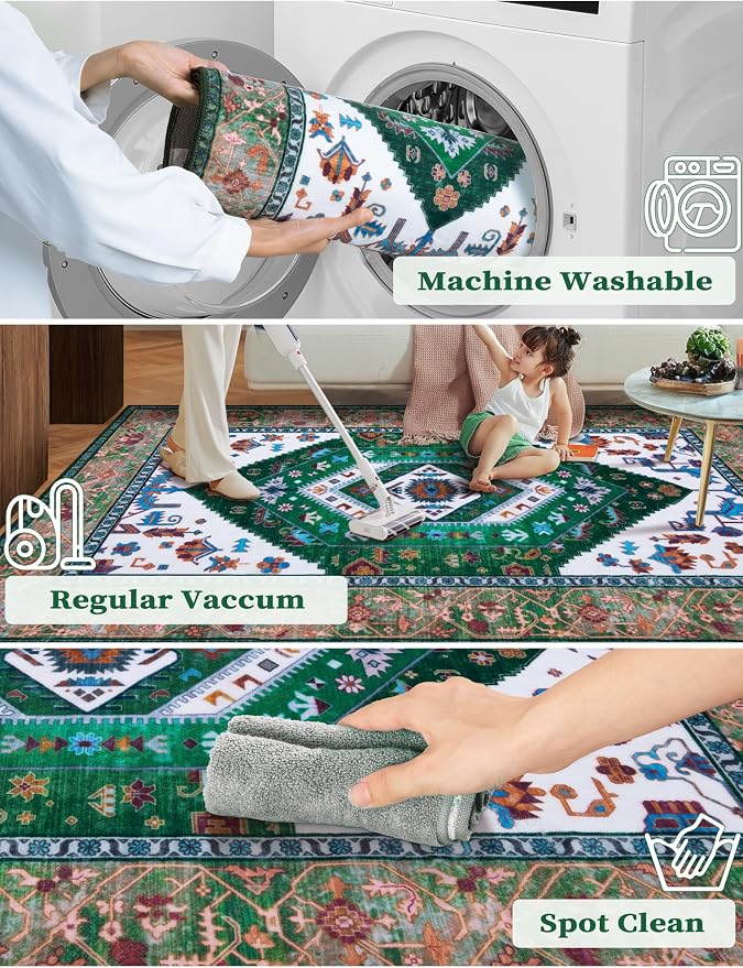SERISSA Runner Rug for Hallways, Long Boho Rug Vintage Green White Hallway - Image 4