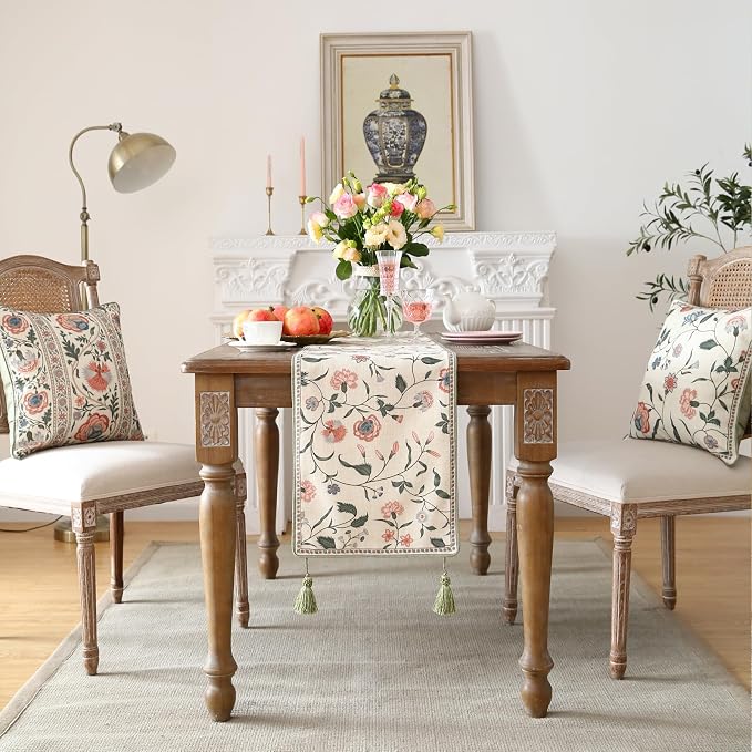 Designer Vintage Linen Table Runner, Floral Pattern, Dining Table, Kitchen Decor - Image 3