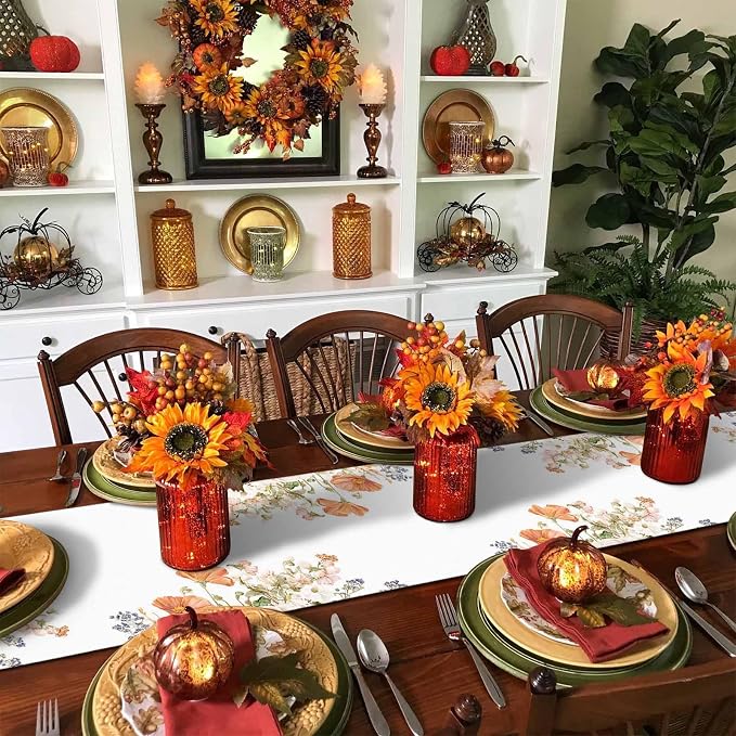 Fall Windflowers Pumpkin Table Runners 90 Inches Long, Cotton Linen Fabric - Image 3