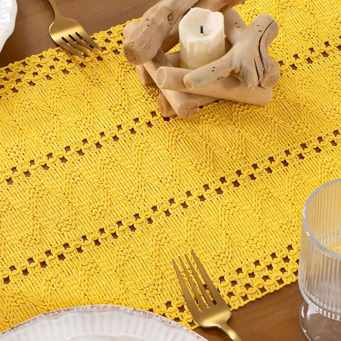 DeZerlor Yellow Boho Macrame Farmhouse Woven Table Runner 108Inch | Cotton - Image 6