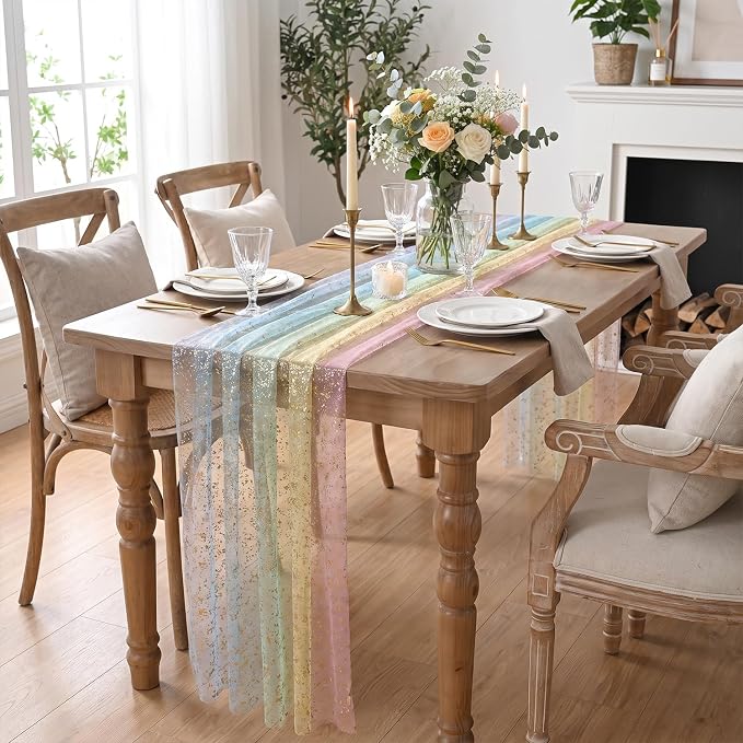Artoid Mode 2-Pack Gold Gauze Table Runner 120 Inch 10FT, Rainbow Glitter - Image 4