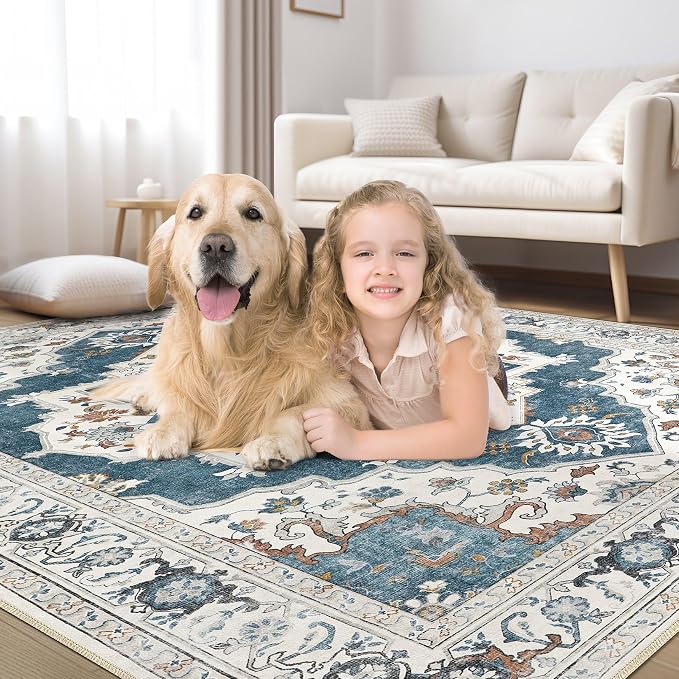 6x9 Washable Area Rug: Vintage Neutral Soft Non Slip Thin Large Floor Carpet - Image 6