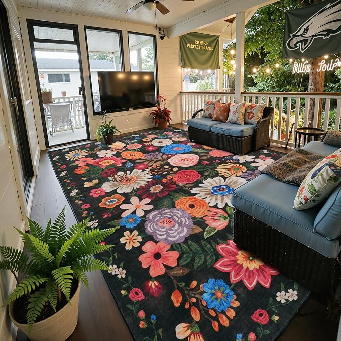 Espresso Area Rugs 10x14 for Living Room, Non Slip Machine Washable Floral Rugs by WelcometoBabovid