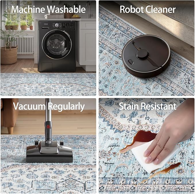 DCX Machine Washable Blue and Beige Area Rug 6x9, Non Slip Stain Resistant - Image 4