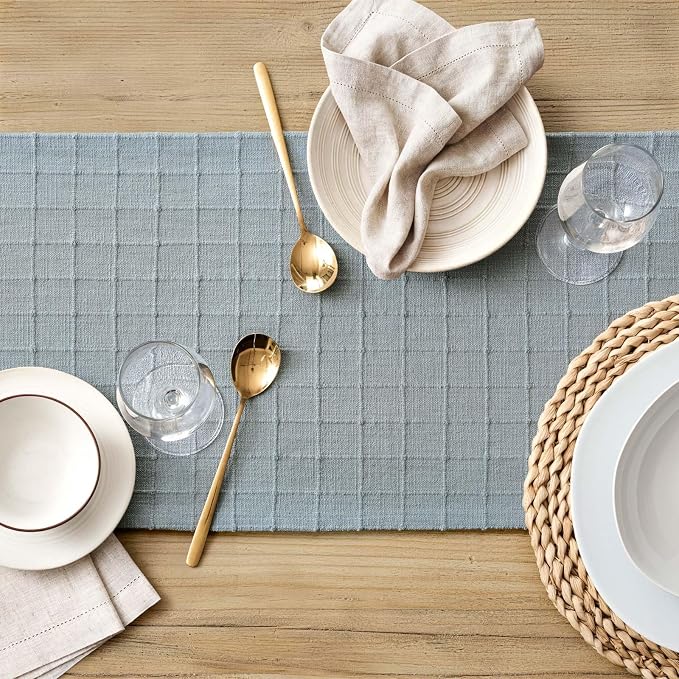 Artisanal Grid Linen Table Runner, 13x36 Inches Chambray | Heavy Textured - Image 5