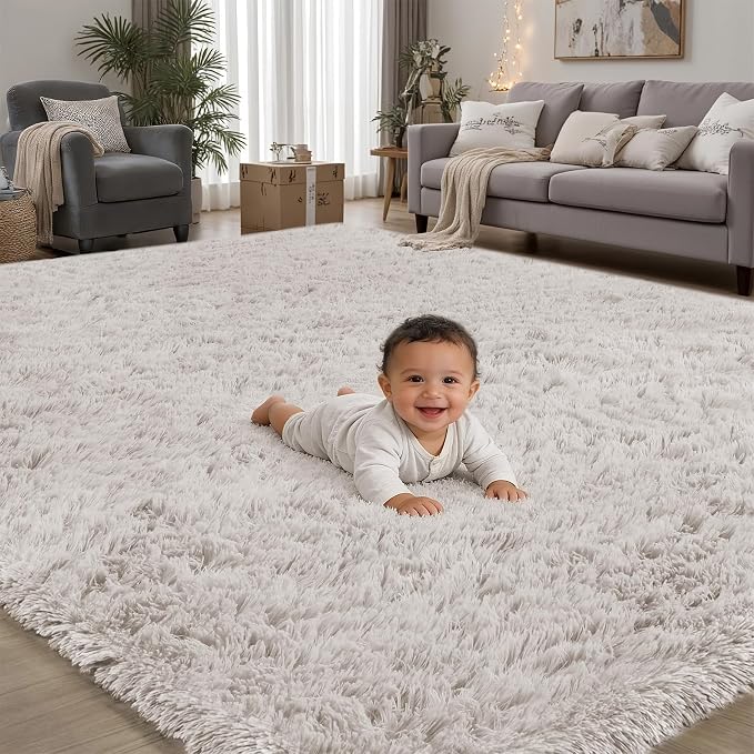 Area Rug for Living Room Bedroom: 4x6 White Soft Fluffy Shag Upgrade Non-Slip by PLHXFRSoftAreaRugs