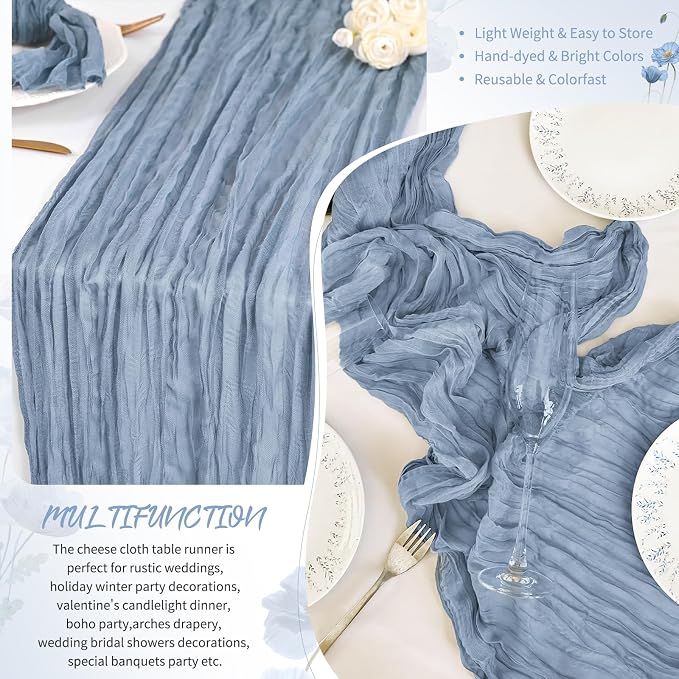 Showgeous 18 Pack Dusty Blue Cheesecloth Table Runner, 17 x 108 Inches | Boho - Image 5
