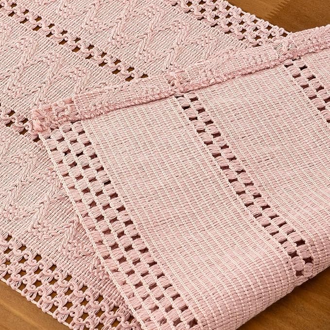 MLMC Pink Boho Table Runner Farmhouse Macrame Woven Table Runner 12x60 Inch | - Image 5