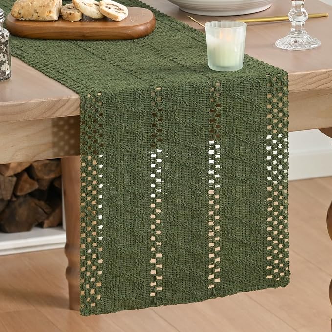 Artoid Mode Army Green Woven Farmhouse Hollow Table Runner 12x60 Inch | Holiday - Image 2