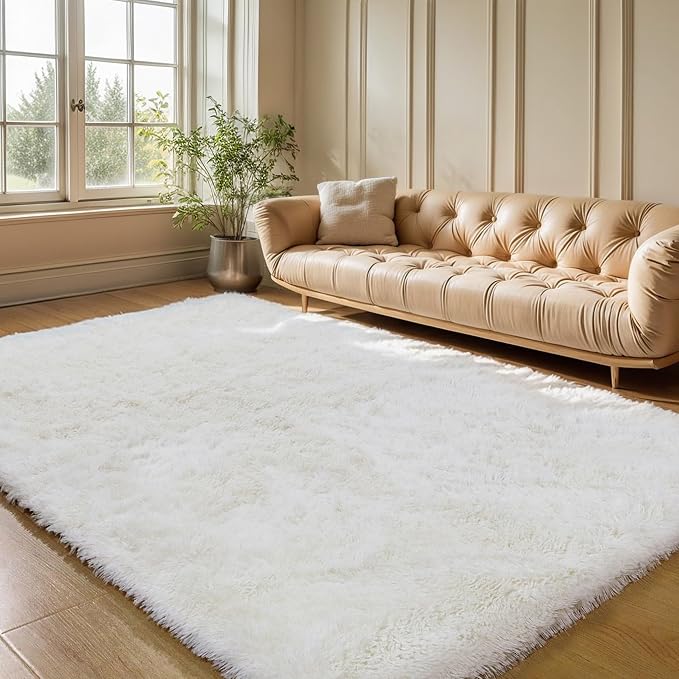 KCHOWUA Cream White Fluffy Area Rug - Image 7