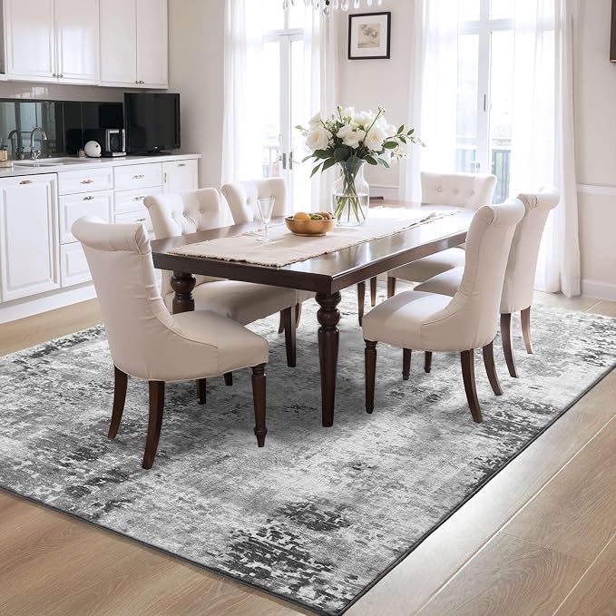 Area Rug 4x6 Grey Rug Washable Boho Rugs Non Slip Low Pile Abstract Small Carpet - Image 4