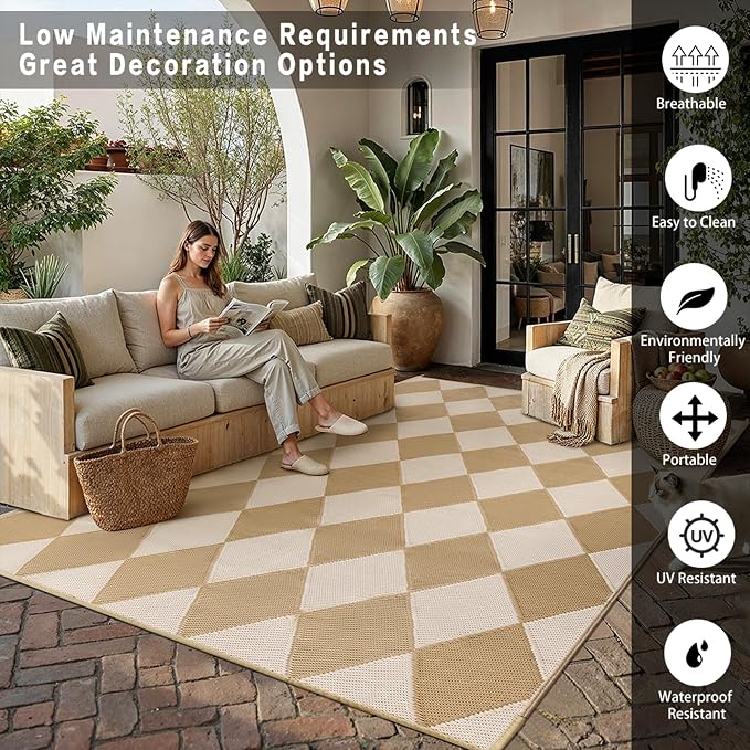 Outdoor Plastic Checkered Rug Waterproof Patio 5x8 Beige Brown Diamond Geometry - Image 3