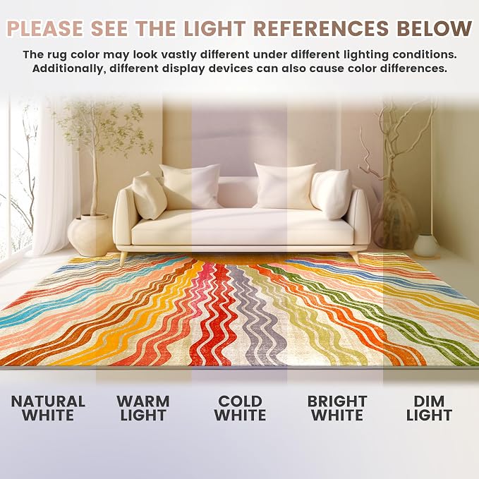 Washable 8x10 Sun Area Rug for Living Room, Rainbow Sun Modern Retro Large Area - Image 8