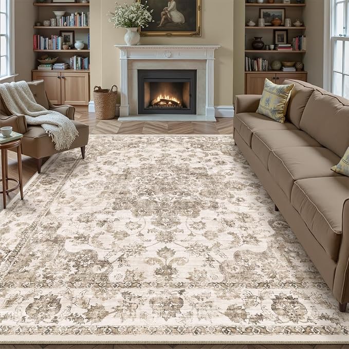 9x12 Neutral Area Rug Brown Vintage Living Room Bedroom Washable Carpet by WondRg