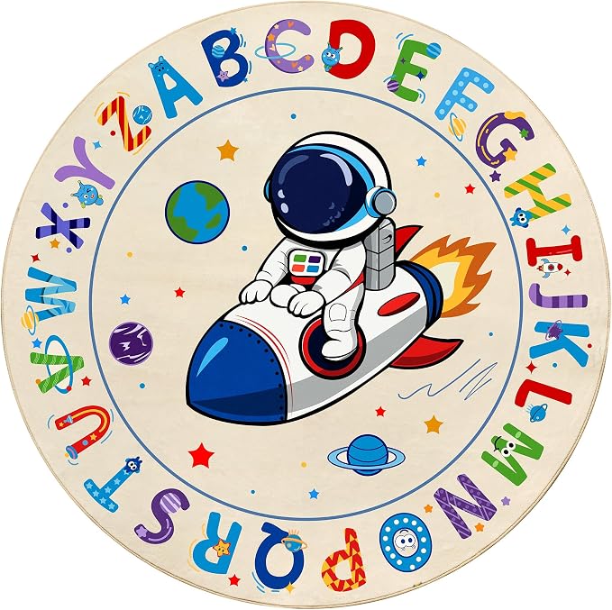 Washable Alphabet ABC Round Rug 3.14ft, Kids Astronaut Space Circle Carpet - Image 2