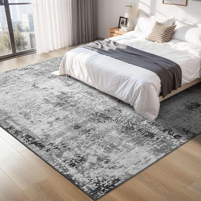 Area Rug 4x6 Grey Rug Washable Boho Rugs Non Slip Low Pile Abstract Small Carpet - Image 2