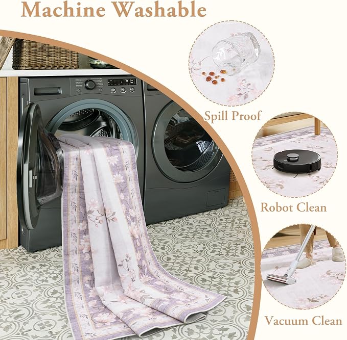 LIVEBOX Washable Lavender Bathroom Rugs Runner 2x6, Floral Hallway Rug Runner - Image 6