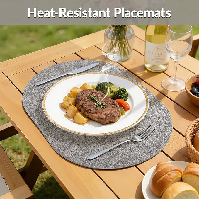 Placemats Set of 8, 11.8 x 17 Inch, Light Grey | Heat Resistant Oval Faux - Image 4