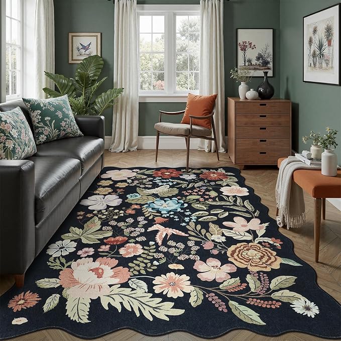 DCX Black Floral Rug 8x10, Washable Black Rug - Image 6