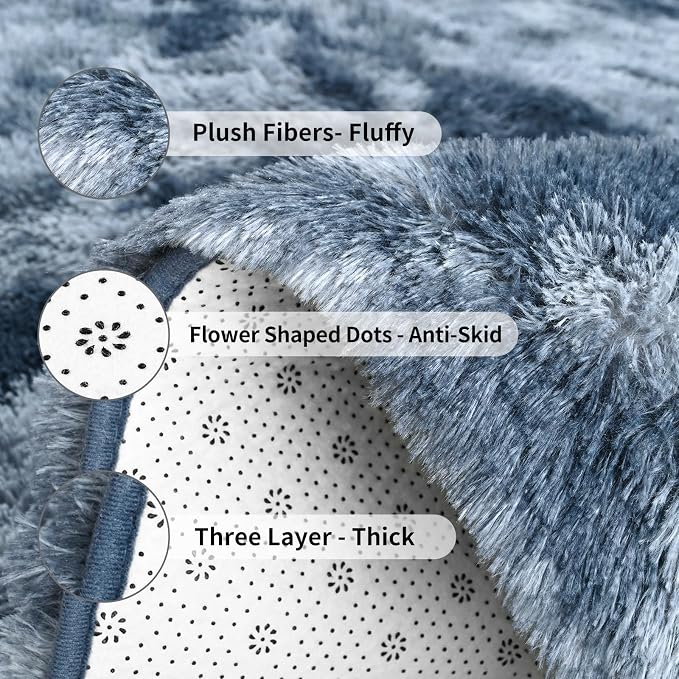 FlyDOIT Large Area Rugs for Living Room, 4x6 Feet Tie-Dyed Blue Grey Shaggy Rug - Image 6
