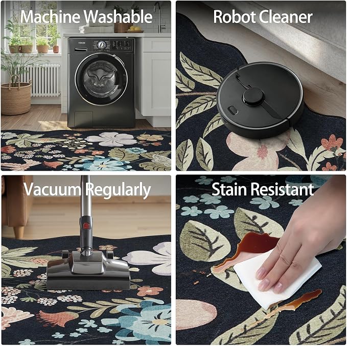 DCX Black Floral Rug 2x3, Washable Black Rug - Image 5