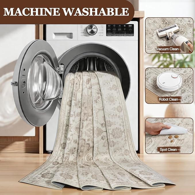 8x10 Area Rugs for Living Room:Beige Washable Vintage Medallion Carpet Non-Slip - Image 8