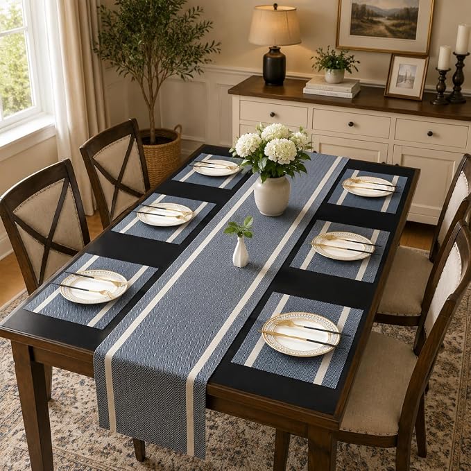 FAVE Navy Blue Table Runner Woven - Image 2