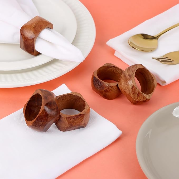 Square Acacia Wood Napkin Rings, diamond-cut edge, natural grain finish - Image 3
