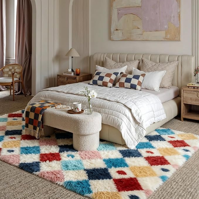 PureCozy Checkered Rug 8x10 Fluffy Shag Living Room Colorful Area Rug Modern - Image 3