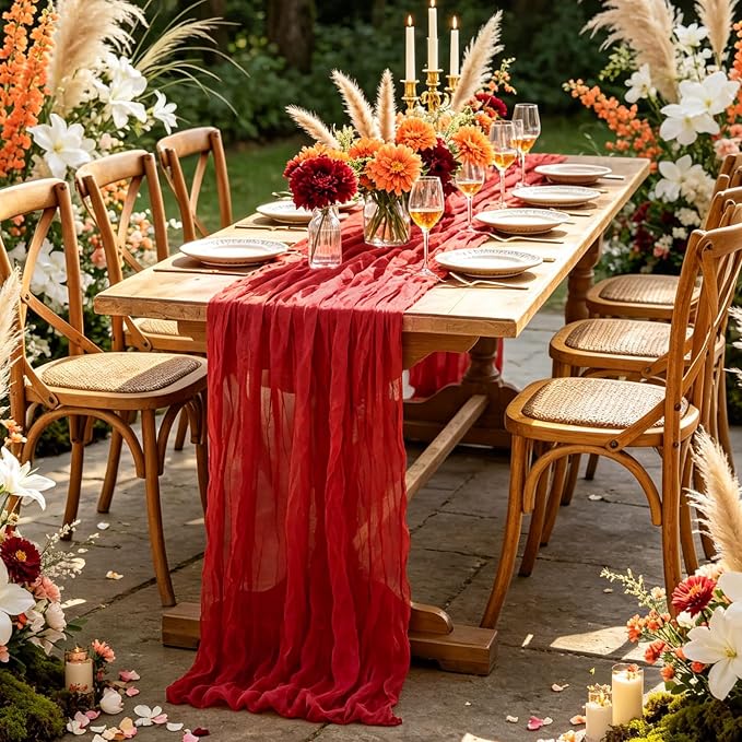 3Pcs Red Table Runner, 10FT Rustic Gauze Red Table Runner 35*120inch Boho Table - Image 7