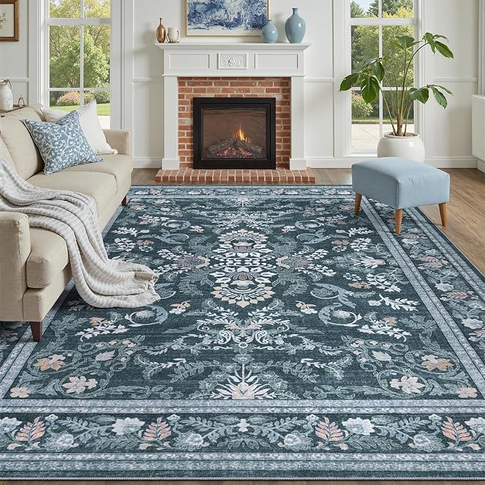 DCX Navy Blue 9x12 Area Rug, Machine Washable Non Slip Stain Resistant Soft by DCXWashableRug